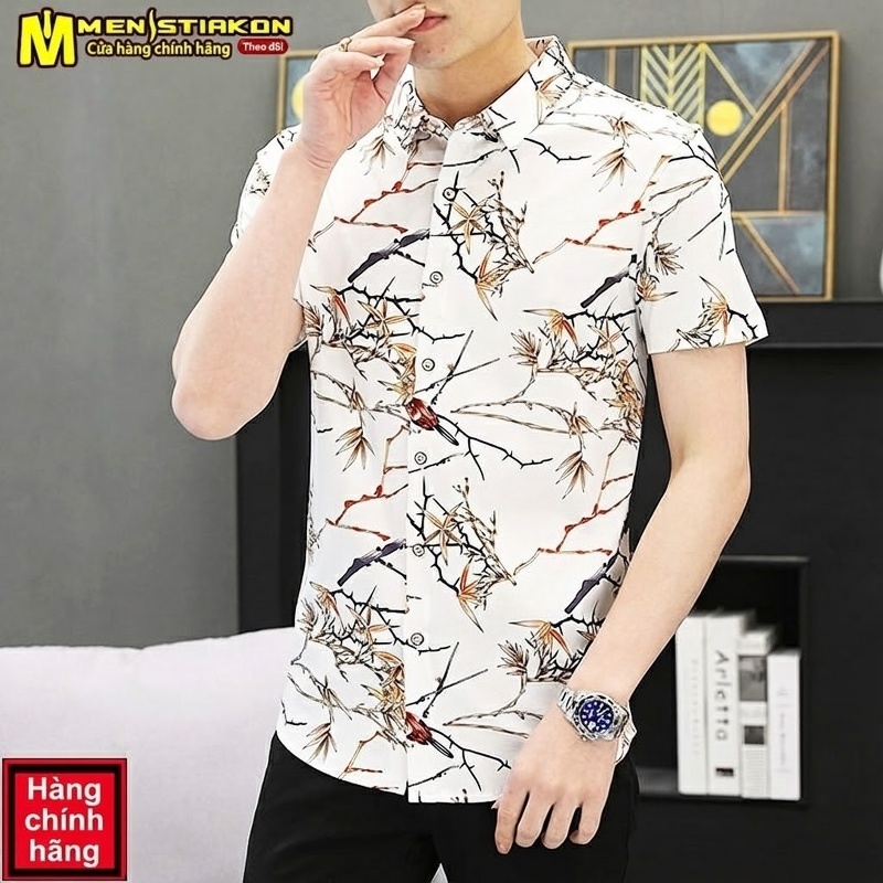 Áo Sơ Mi Ngắn Tay Nam Cotton Họa Tiết Hoa Lá Thoáng Mát