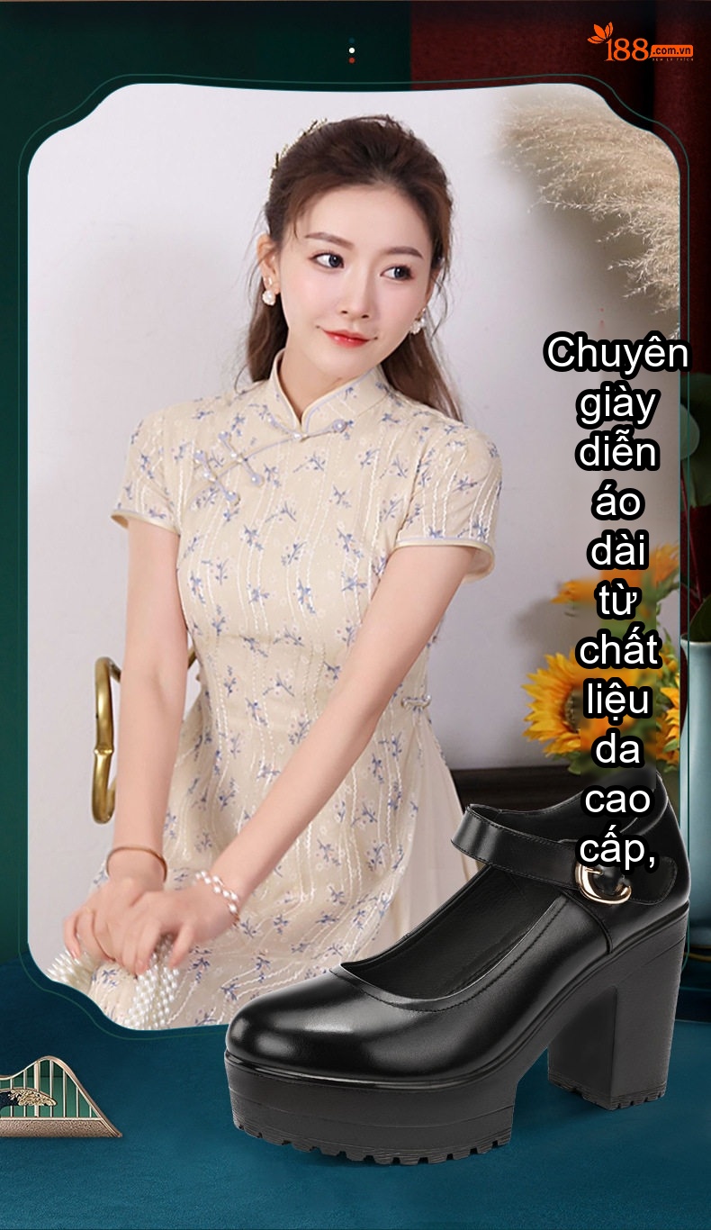 Giày Cao Gót Nữ Quai Ngang Da Bóng Chiều Cao Đế Khoảng 8cm Màu Đen, Trắng chi tiết 2