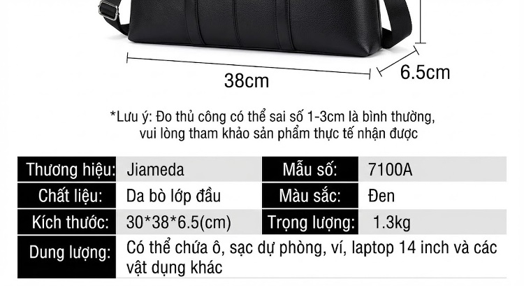 Cặp Túi Xách Tay Nam Da Thật Đựng Laptop 14 Inch, Túi Đeo Chéo Công Sở Màu Đen chi tiết 1