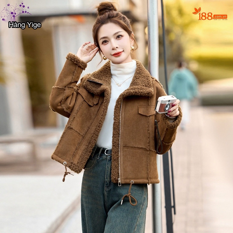Áo Khoác Lông Cừu Non Nữ Lót Nhung Dày Dặn Kiểu Bomber Da Lộn Màu Be, Nâu