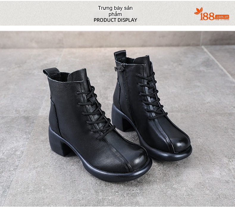 Boot Martin Nữ Da Bò Cổ Ngắn Gót Vuông Chiều Cao Đế Khoảng 5cm Màu Nâu, Đen chi tiết 16