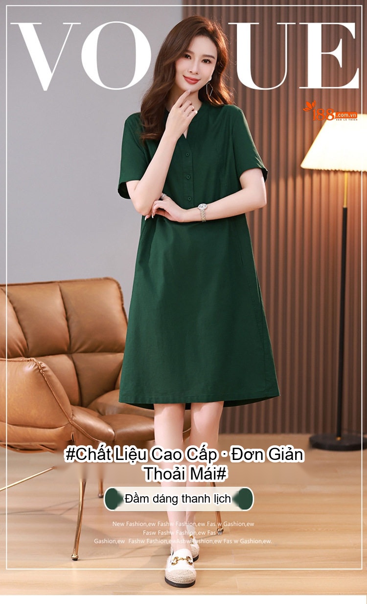 Váy Midi Nữ Cổ chữ V Tay Ngắn Phong Cách Retro Thanh Lịch Cotton Màu Xanh Rêu, Xanh Lá, Tím, Xanh Navy... chi tiết 2