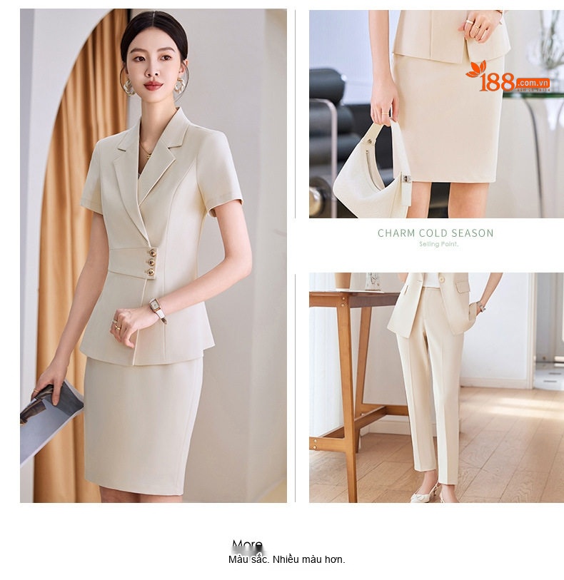Bộ Vest Công Sở Nữ Tay Ngắn Màu Xanh Navy, Xám, Kem chi tiết 7