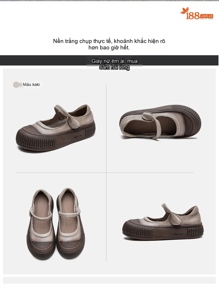 Giày Búp Bê Nữ Quai Dán Phong Cách Retro Chiều Cao Đế Khoảng 3cm Màu Nâu chi tiết 16