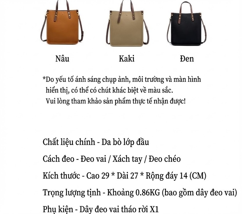 Túi Tote Nữ Da Thật Dáng Đứng Công Sở Đeo Vai, Đeo Chéo Màu Đen, Nâu chi tiết 3