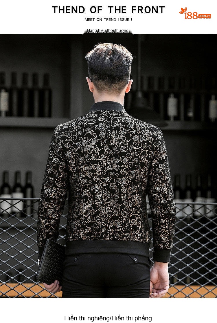 Áo Khoác Bomber Nam Da Cừu In Họa Tiết Slim Fit Màu Đen chi tiết 9