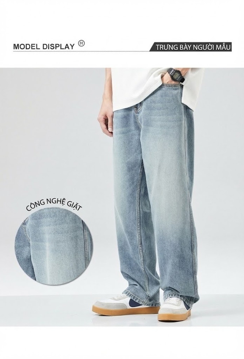 Quần Jean Ống Rộng Nam Lyocell Tencel Mỏng Mát Dáng Suông Thể Thao Màu Xanh chi tiết 14