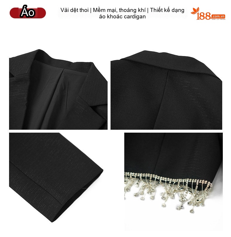 Áo Khoác Blazer Nữ Ngắn Tay Thiết Kế Đính Đá Tua Rua Dáng Ôm Màu Đen chi tiết 4