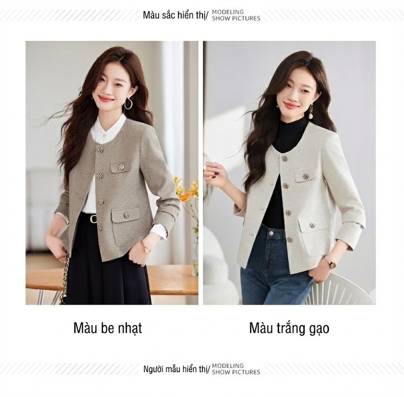 Áo Khoác Lửng Nữ Phong Cách Thanh Lịch Màu Be chi tiết 2