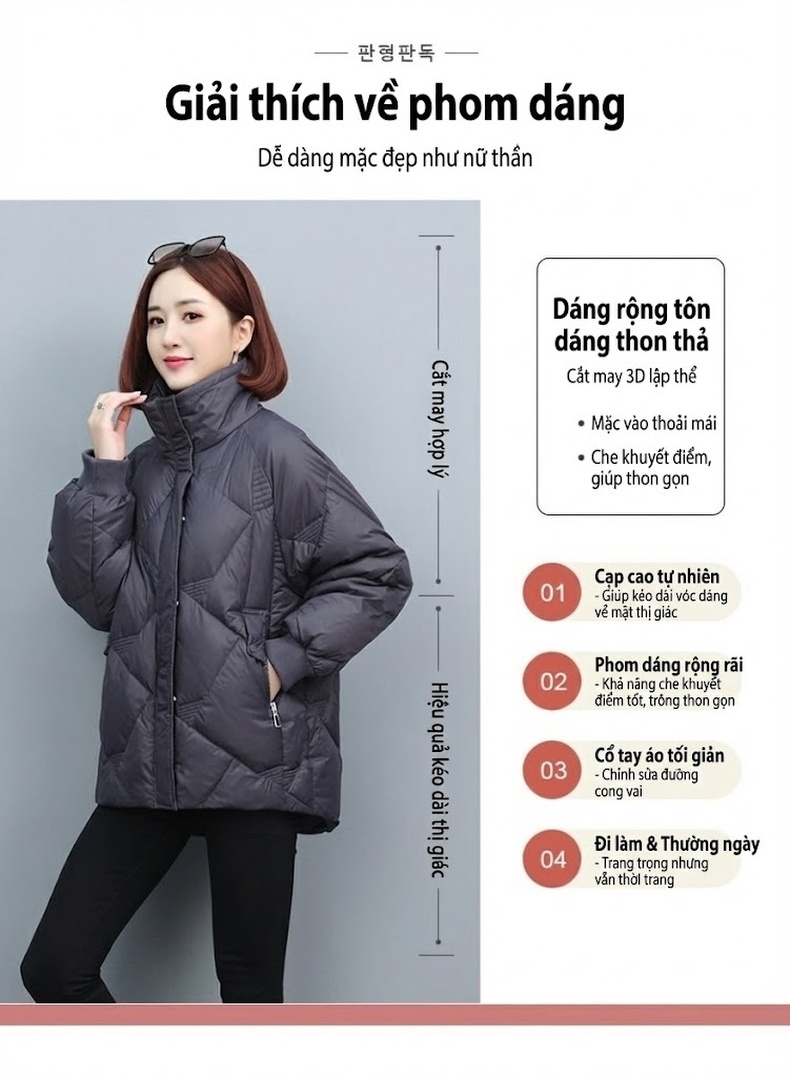Áo Khoác Phao Nữ Cotton Dáng Ngắn Lót Dày Cổ Đứng Màu Đen, Xanh Lá chi tiết 3