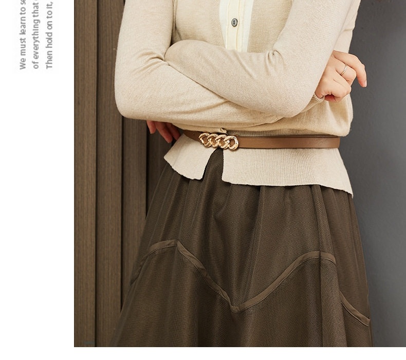 Set Áo Cardigan Dệt Kim và Chân Váy Midi Xòe Phong Cách Thời Trang Thu Đông Màu Nâu, Kem chi tiết 23