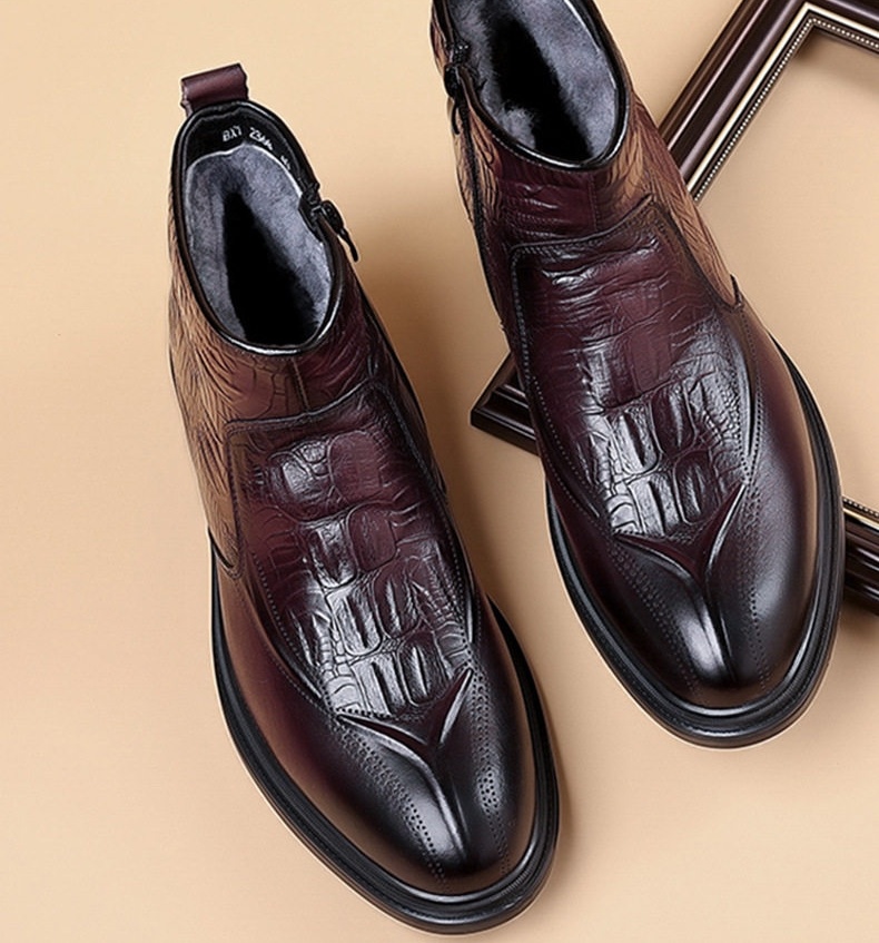 Boot Martin Nam Da Bò Lớp Đầu Lót Lông Cừu Cao Cổ Chiều Cao Đế Khoảng 3cm Màu Đen, Đỏ Rượu chi tiết 3
