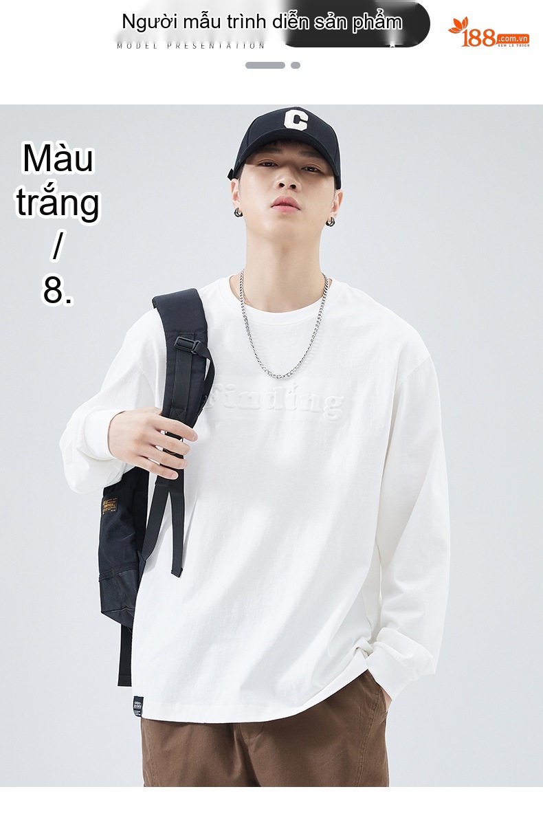 Áo Thun Tay Dài Nam Cotton Dày Dặn Cổ Tròn In Chữ Form Rộng Màu Trắng, Đen, Xám, Nâu chi tiết 8