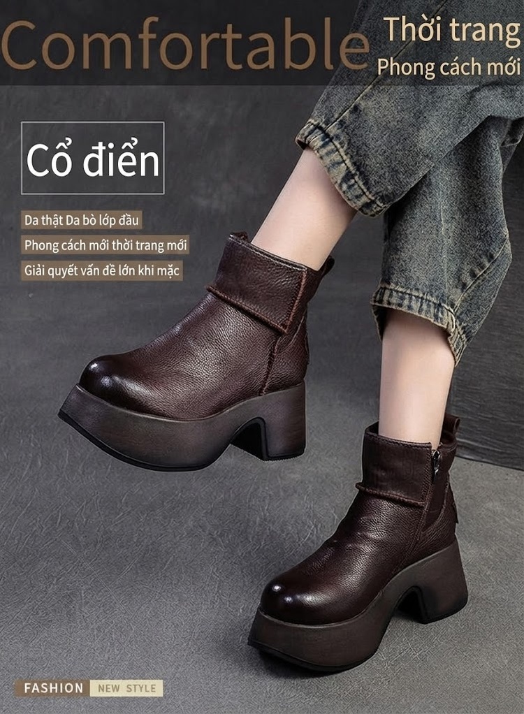Boot Nữ Cổ Ngắn Da Bò Đế Xuồng Chiều Cao Đế Khoảng 6cm Phong Cách Retro Màu Đen, Nâu chi tiết 1
