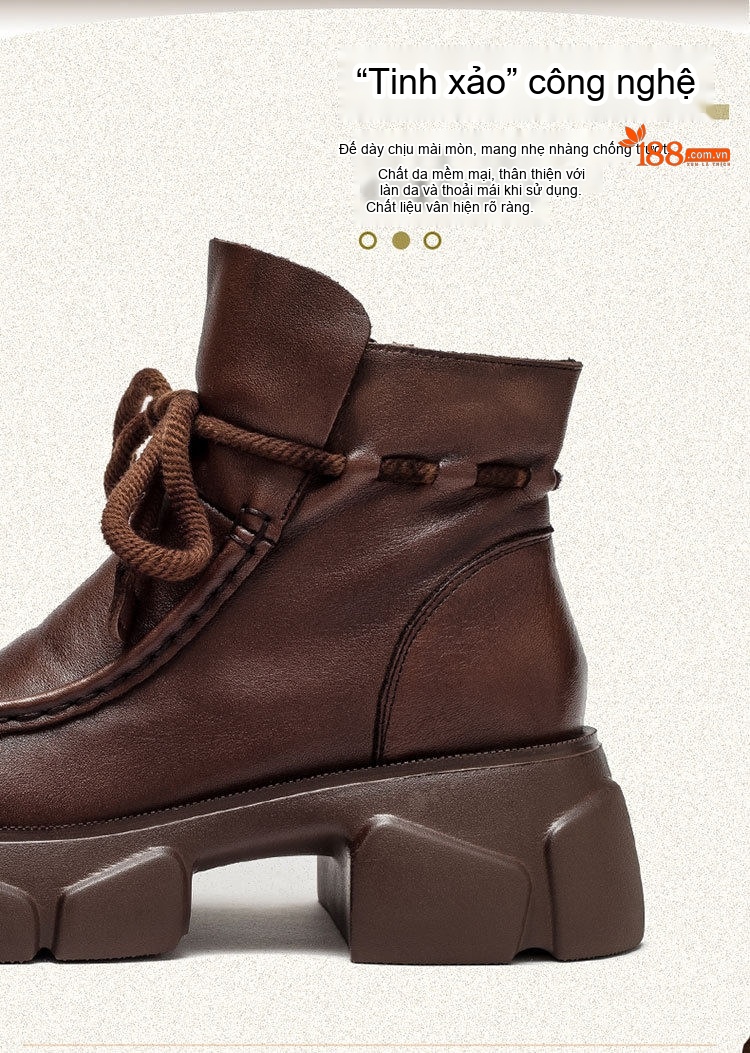 Boot Nữ Da Bò Cổ Ngắn Đế Bánh Mì Chiều Cao Đế Khoảng 5cm Màu Đen, Nâu chi tiết 4