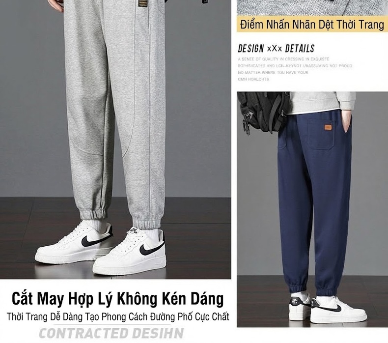 Quần Jogger Nam Ống Bo Chun Thu Đông Dáng Rộng Phong Cách Hàn Quốc Màu Đen, Xám, Xanh Navy chi tiết 4