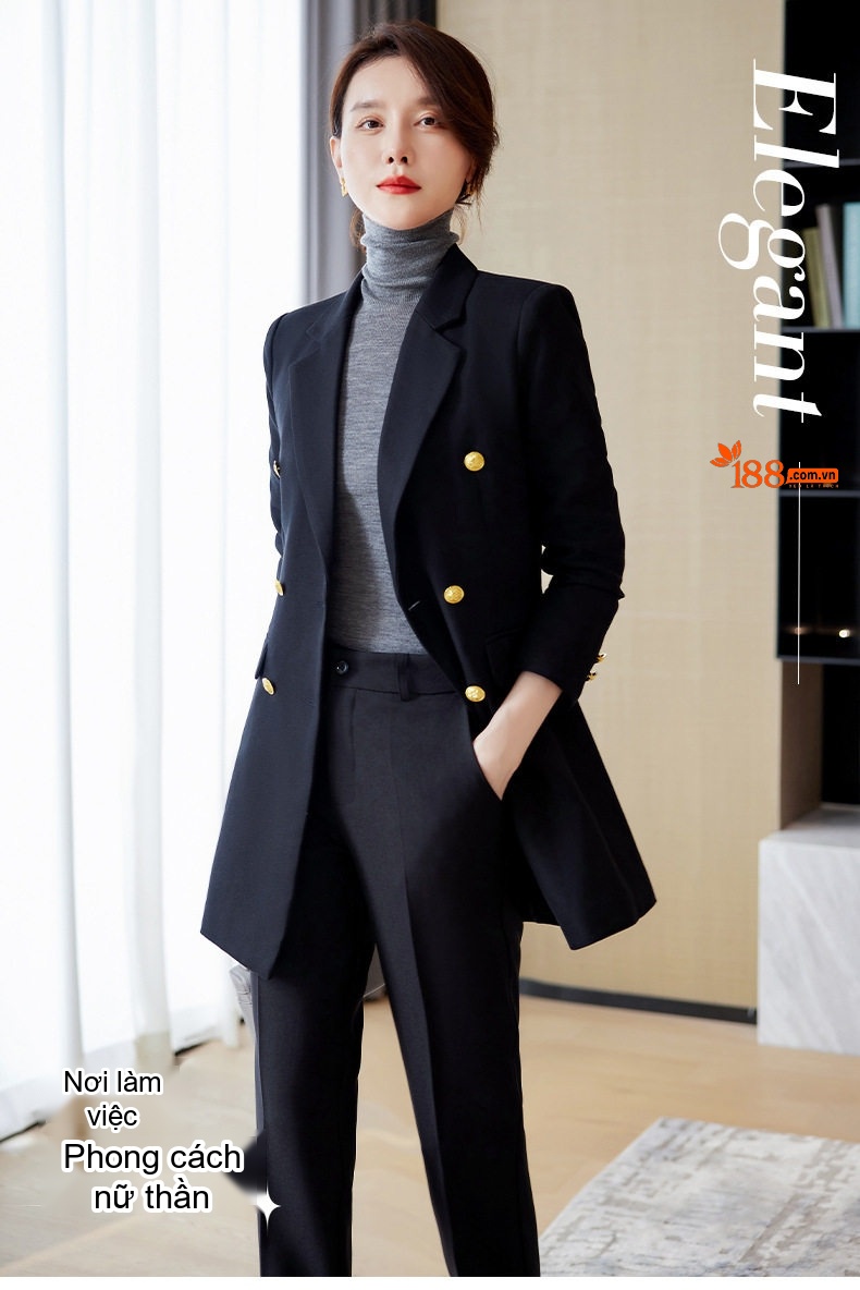Áo Khoác Blazer Nữ Dáng Dài Tay Dài Màu Nâu, Đen, Đỏ chi tiết 2