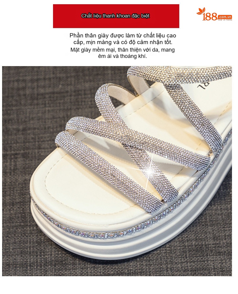 Dép Sandal Nữ Quai Ngang Đính Đá Đế Cao 4cm - 5cm Màu Trắng, Đen, Bạc chi tiết 8