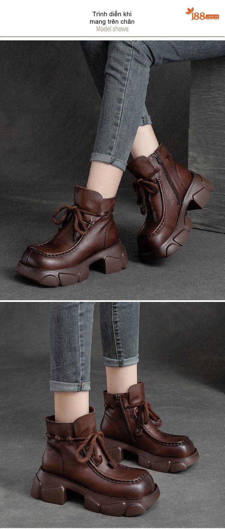 Boot Nữ Da Bò Cổ Ngắn Đế Bánh Mì Chiều Cao Đế Khoảng 5cm Màu Đen, Nâu chi tiết 8