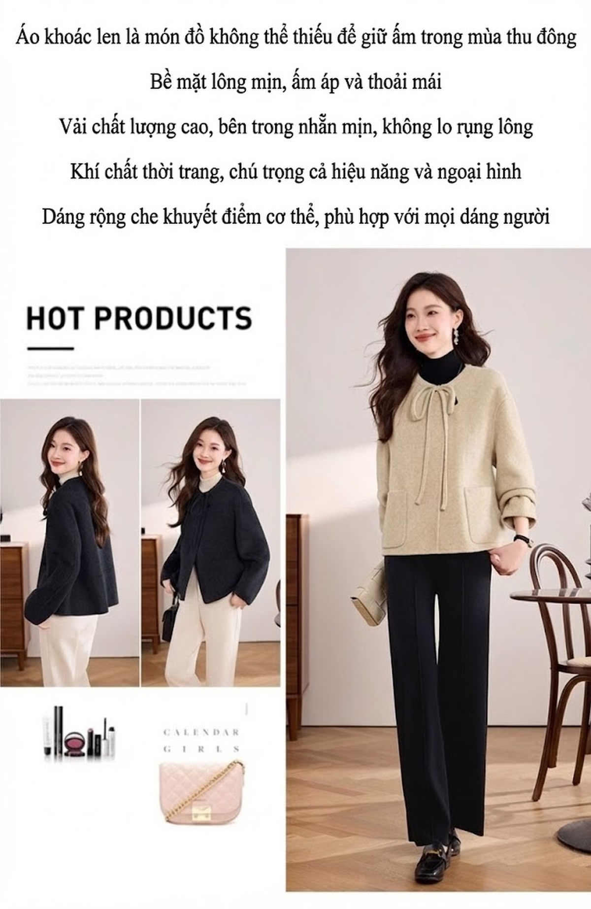 Áo Khoác Dạ Nữ Hai Mặt Phong Cách Tiểu Thư Thanh Lịch Màu Be, Đen chi tiết 3