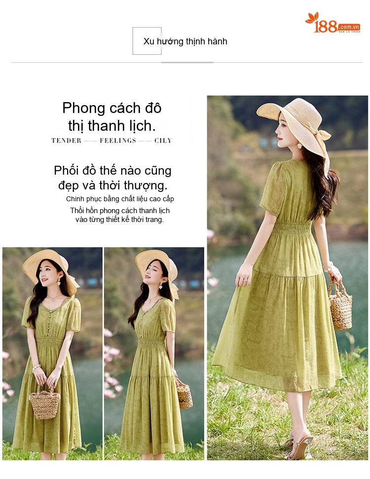 Váy Midi Nữ Tay Ngắn Thiết Kế Thanh Lịch Thoáng Mát Màu Be, Xanh Lá chi tiết 3