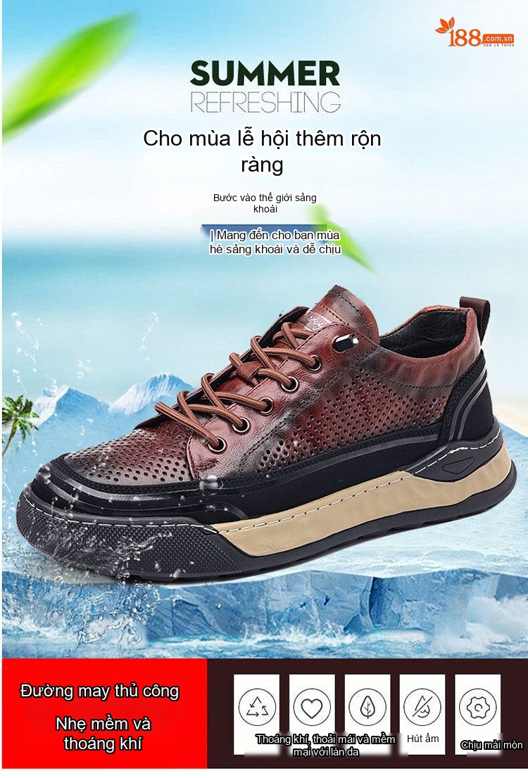 Giày Thể Thao Nam Da Bò Lỗ Thoáng Khí Chiều Cao Đế Khoảng 3cm Màu Đen, Nâu chi tiết 1