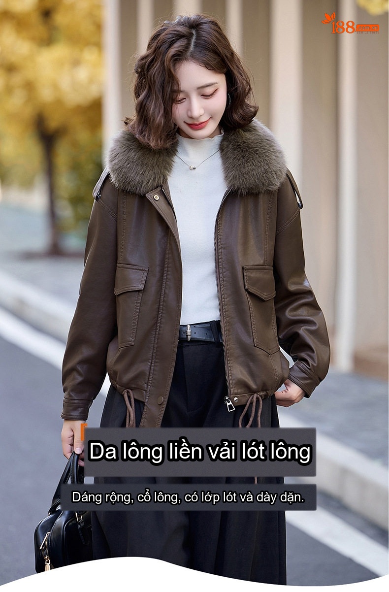 Áo Khoác Da PU Nữ Cổ Lông Dày Dặn Lót Lông Kiểu Bomber Màu Đen, Nâu chi tiết 1