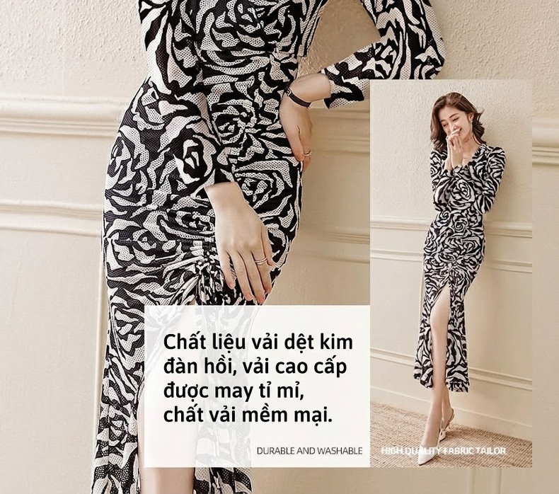 Váy Dài Nữ Xẻ Tà Họa Tiết Ôm Eo Phong Cách Quý Cô chi tiết 7