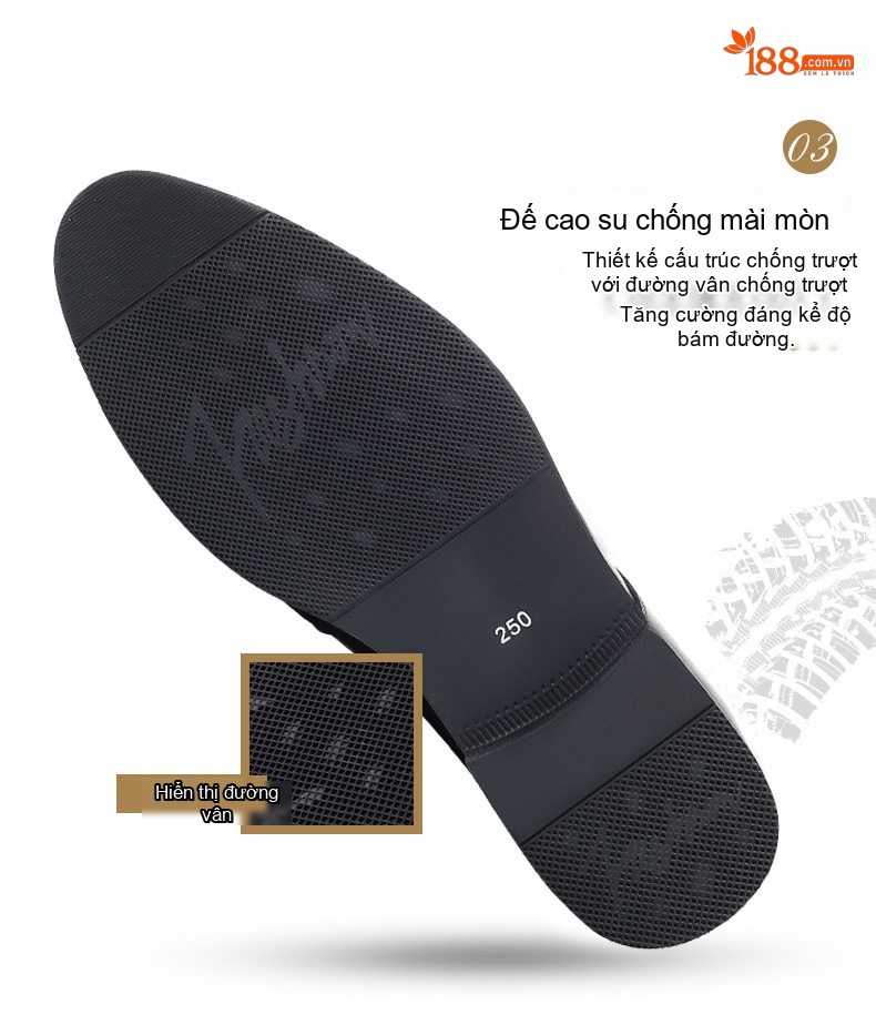 Giày Tây Buộc Dây Nam Da Bò Chiều Cao Đế Khoảng 3cm Màu Đen chi tiết 9