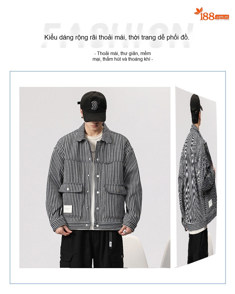 Áo Khoác Công Sở Nam Dáng Rộng Dày Dặn Họa Tiết Sọc Phong Cách Casual Màu Đen Trắng chi tiết 3