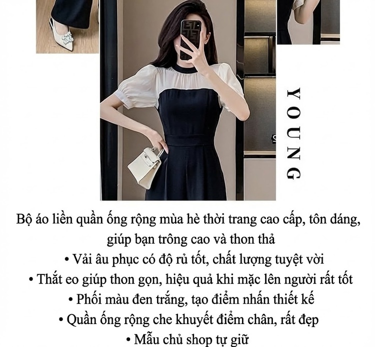 Jumpsuit Nữ Lưng Cao Ống Rộng Thiết Kế Thanh Lịch Màu Đen chi tiết 2