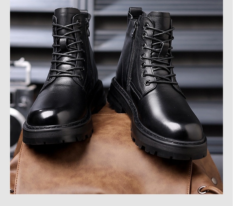 Giày Boot Martin Nam Da Thật Lót Lông Cừu Dày Dặn Chiều Cao Đế Khoảng 4cm Màu Đen chi tiết 3