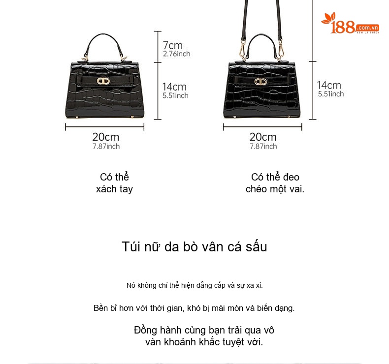 Túi Xách Nữ Da Vân Cá Sấu Đeo Chéo/Xách Tay Kiểu Kelly Công Sở Màu Trắng, Đen chi tiết 8