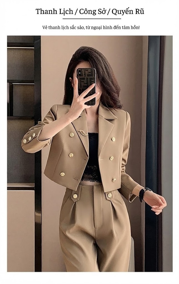 Bộ Vest Công Sở Nữ Dáng Ngắn Quần Dài/Chân Váy Màu Kaki, Đen, Xanh Dương chi tiết 2