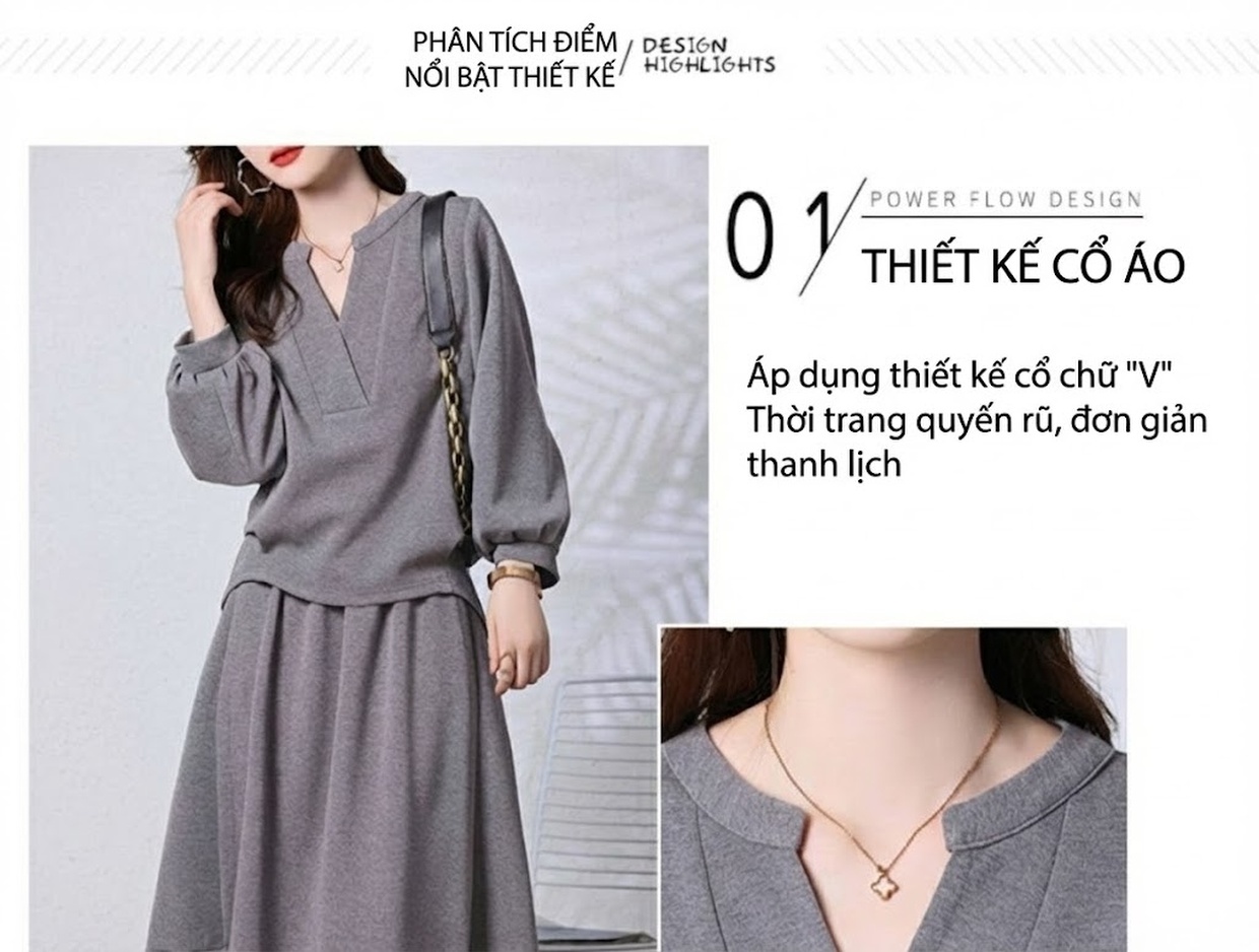 Váy Bộ Nữ Thu Đông dáng chữ A Thiết Kế Thời Trang Màu Tím, Xám, Xanh, Vàng chi tiết 12