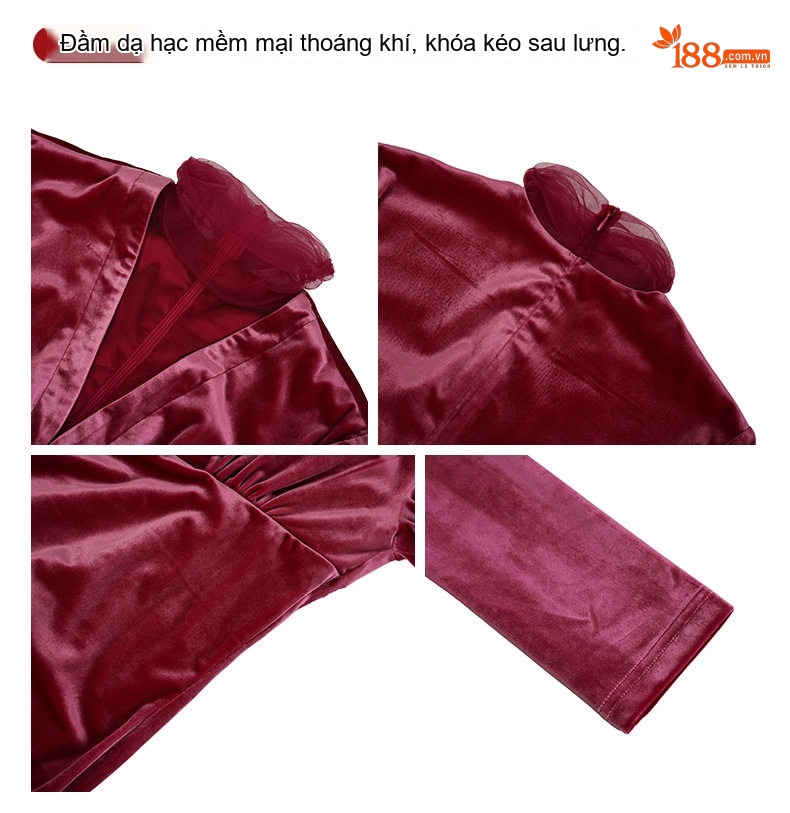 Váy Ôm Body Nữ Tay Dài Cổ Chữ V Xếp Ly Bất Đối Xứng Lưới Pháp Thu Đông Màu Đỏ chi tiết 4
