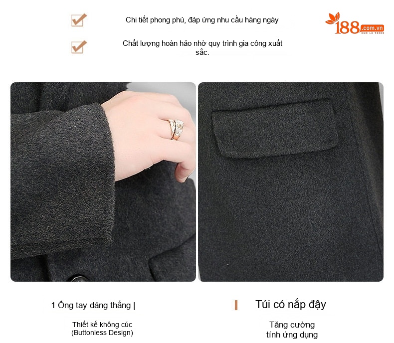 Áo Khoác Dạ Nam Dáng Dài Vừa Cổ chữ Vest Thủ Công Màu Đen, Xám chi tiết 7