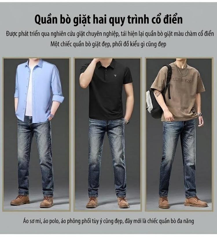 Quần Jean Nam Ống Đứng Co Giãn Vừa Vặn Phong Cách Retro Màu Xanh Denim chi tiết 1