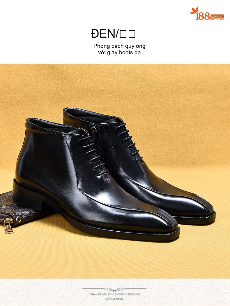 Boot Nam Da Bò Cổ Cao Giày Tây Buộc Dây Chiều Cao Đế Khoảng 3cm Màu Nâu Đậm chi tiết 18