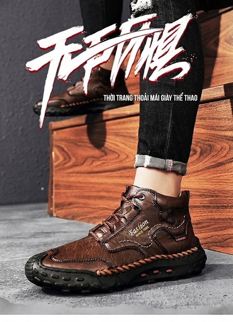 Giày Boot Nam Cổ Cao Dây Buộc Da Bóng Phong Cách Casual Chiều Cao Đế Khoảng 3cm Màu Nâu chi tiết 1