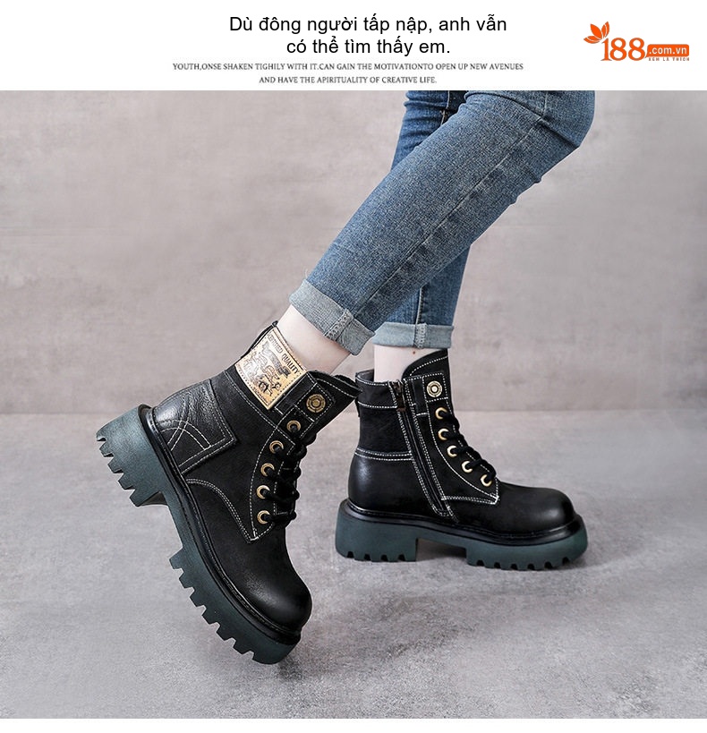 Boot Martin Nữ Da Bò Cổ Cao Đế Dày Phong Cách Retro Chiều Cao Đế Khoảng 5cm Màu Nâu, Đen, Đỏ... chi tiết 14