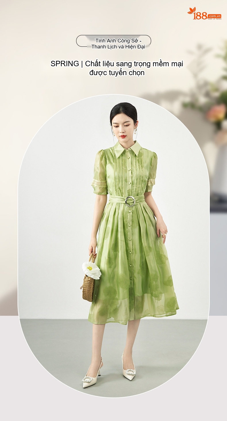 Váy liền thân Nữ Thiết Kế Nếp Gấp Phong Cách Đồng Quê Ngọt Ngào Quý Phái Màu Xanh Lá chi tiết 1