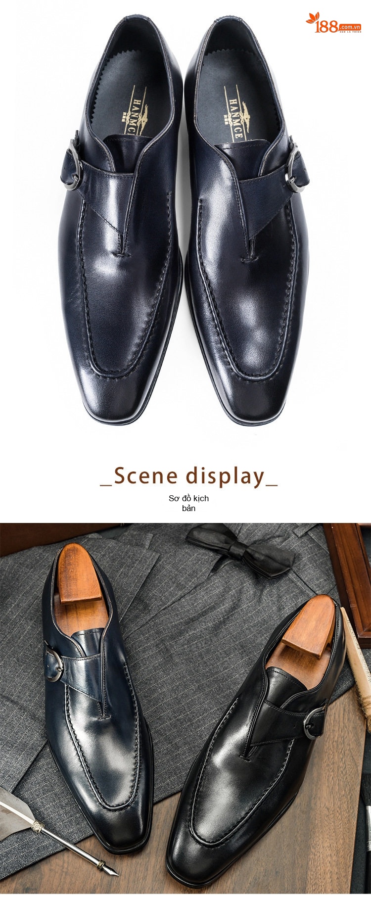 Giày Monkstrap Khóa Cài Nam Da Bò Chiều Cao Đế Khoảng 3cm Màu Đen, Xanh Navy chi tiết 6