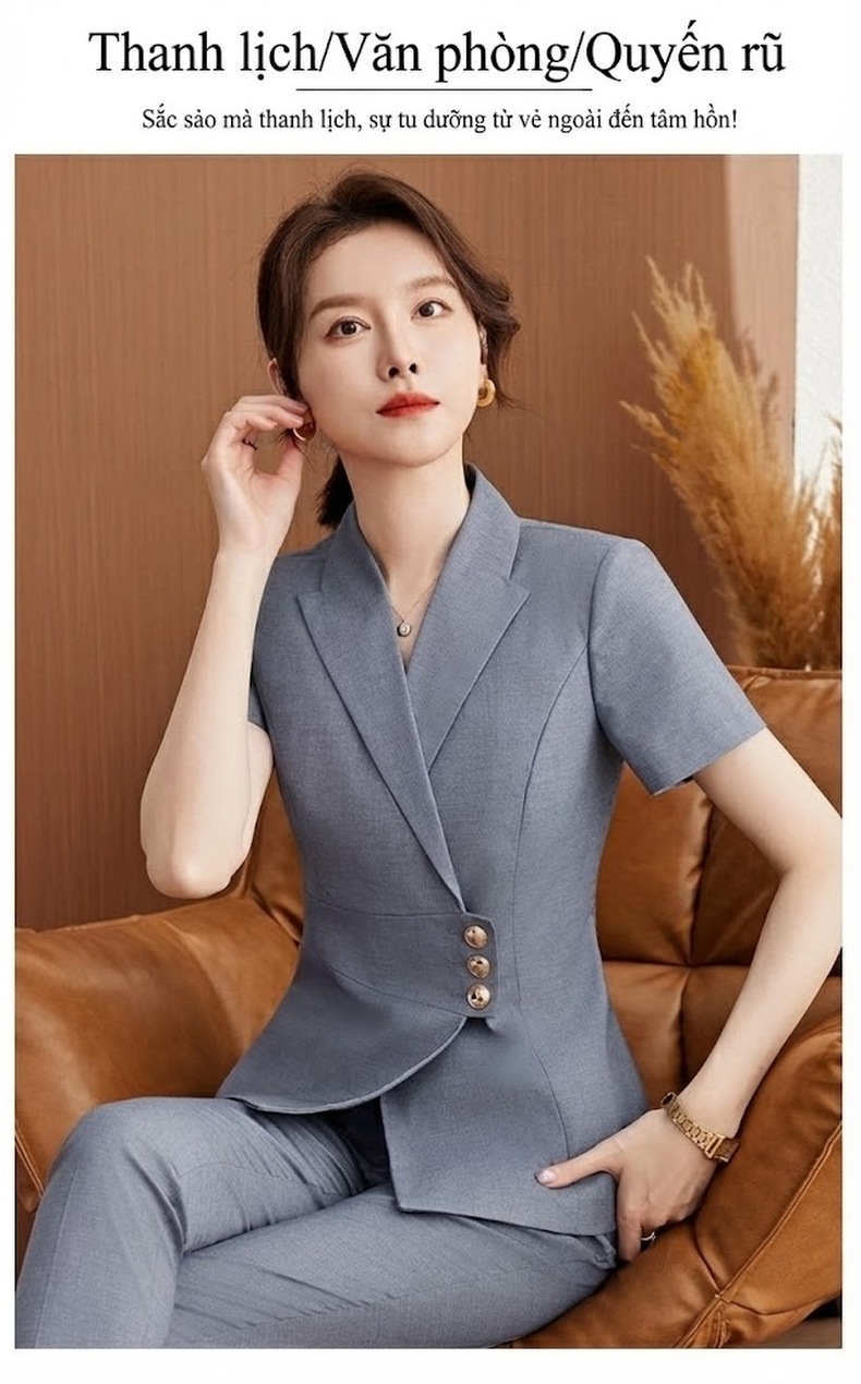 Bộ Vest Công Sở Nữ Tay Ngắn Áo Khoác Chân Váy Màu Đen, Xám, Xanh Navy chi tiết 3
