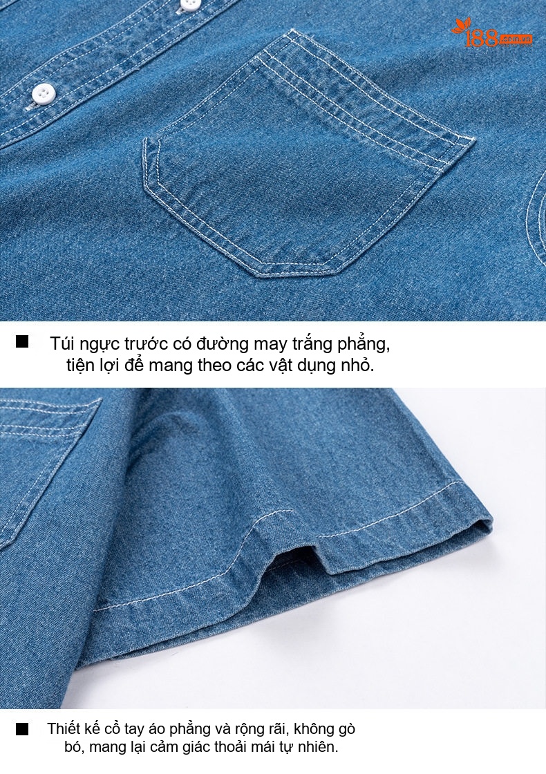 Áo Sơ Mi Tay Ngắn Cotton Denim Nam Phong Cách Hàn Quốc Màu Xanh Dương Nhạt, Xanh Dương Đậm chi tiết 9