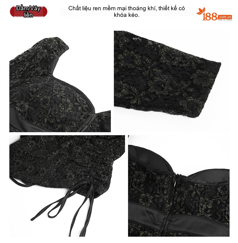 Váy Ôm Body Nữ Ren Lưới Tay Phồng Cổ Tim Dây Rút Màu Đen chi tiết 5
