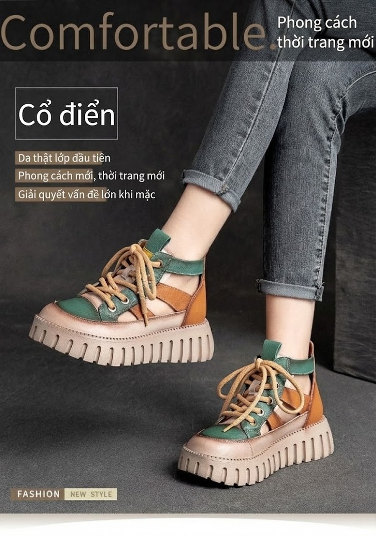 Dép Sandal Nữ Quai Da Hở Ngón Đế Bánh Mì Đế Cao 5cm - 6cm Màu Vàng, Xám, Nâu, Xanh Lá chi tiết 1