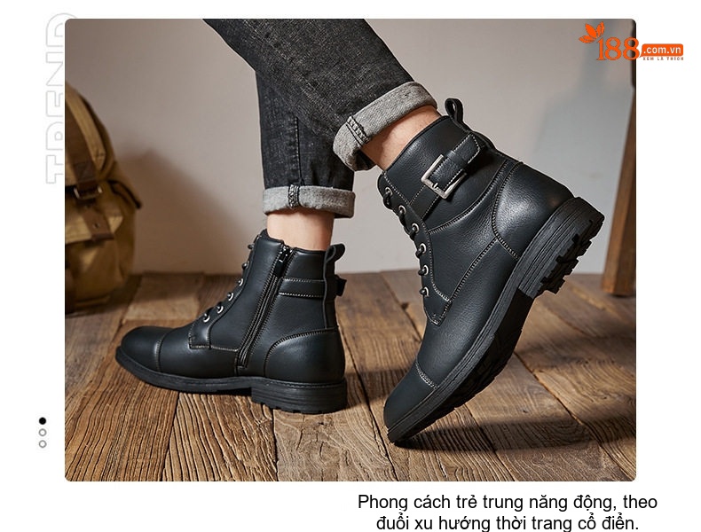 Giày Boot Công Sở Nam Cổ Cao Da Bóng Buộc Dây Khóa Bên Chiều Cao Đế Khoảng 3cm Màu Đen, Xám, Xanh Navy, Kem chi tiết 7