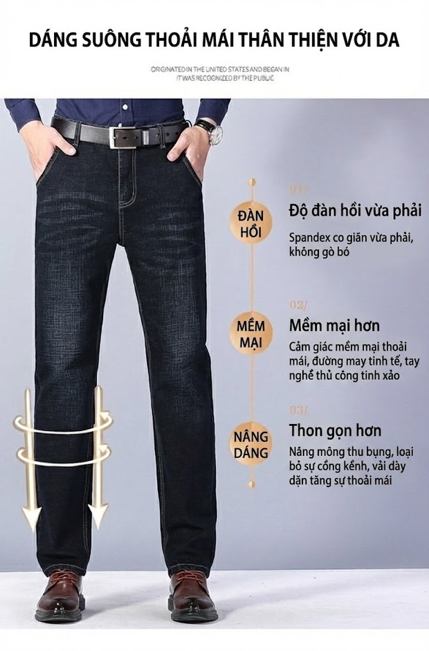 Quần Jean Nam Ống Đứng Dáng Rộng Co Giãn Thoải Mái Màu Xanh Dương, Đen chi tiết 6