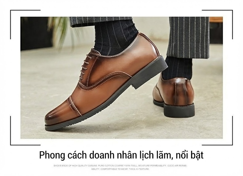 Giày Tây Buộc Dây Nam Da Bóng Chiều Cao Đế Khoảng 3cm Màu Đen, Nâu chi tiết 13